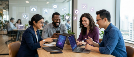A team collaborating around a work table